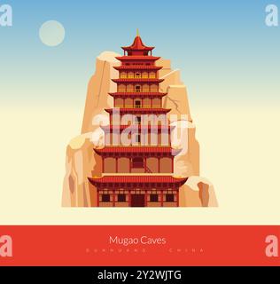 Die Mogao-Höhlen - die Tausend Buddha-Grotten - Dunghuang, Gansu in China - Stock Illustration als EPS 10 Datei Stock Vektor