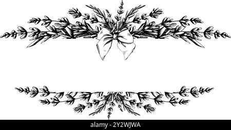 Lavendelblüten und -Blätter, Zweige mit Satinschleife verziert. Handgezeichnete Illustration mit grafischer Strichgrafik in schwarz-weißer Tinte. Horizontal Stock Vektor