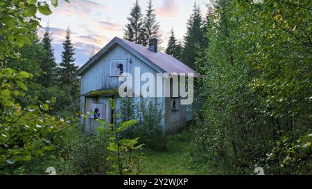 Ein Blick aus der Vogelperspektive auf eine alte Holzhütte in der Nähe eines neuen Damms und eines Flusses und eines Kraftwerks in einem grünen Wald Stockfoto