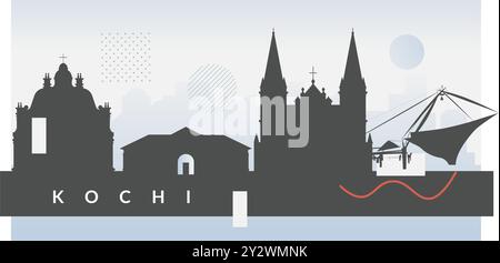 Skyline der Stadt Kochi mit berühmten Orten – Stock Illustration als EPS 10 Datei Stock Vektor