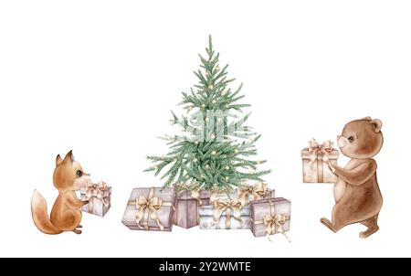 Aquarellgrün klassischer Weihnachtsbaum und Bär mit Geschenk isoliert auf weißem Hintergrund. Handgezeichnete Zeichnung Tannenbaum. Waldtiere und Stockfoto