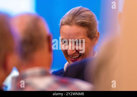 11. September 2024, Brandenburg, Forst (Lausitz): Alice Weidel, Ko-Vorsitzende der AfD, kommt zu einer Wahlkundgebung. Die Wahl zum brandenburgischen landtag findet am 22. September 2024 statt. Foto: Frank Hammerschmidt/dpa Stockfoto