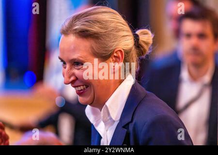 11. September 2024, Brandenburg, Forst (Lausitz): Alice Weidel, Ko-Vorsitzende der AfD, kommt zu einer Wahlkundgebung. Die Wahl zum brandenburgischen landtag findet am 22. September 2024 statt. Foto: Frank Hammerschmidt/dpa Stockfoto