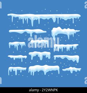 Weiße Schneekappen, Schneebälle, Schneewehungen, Schneehaufen und Eiszapfen Vektorkollektion, Schneematerial auf Winterhintergrund. Dekorationen mit winterlichen Elementen Stock Vektor