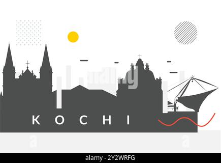 Skyline der Stadt Kochi mit berühmten Orten – Stock Illustration als EPS 10 Datei Stock Vektor