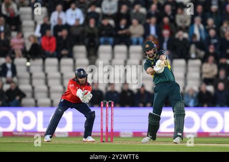 Southampton, Großbritannien. September 2024. Matthew Short of Australia trifft beim ersten Match der Vitality IT20 Series England gegen Australien am 11. September 2024 in Southampton, Großbritannien (Foto: Craig Thomas/News Images) in Southampton, Großbritannien am 11. September 2024. (Foto: Craig Thomas/News Images/SIPA USA) Credit: SIPA USA/Alamy Live News Stockfoto