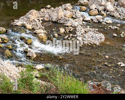 Ein ruhiger Fluss, der über Felsen und Kieselsteine fließt, umgeben von Grün an einem ruhigen Tag Stockfoto