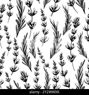 Lavendelblüten und Blätter, Zweige. Handgezeichnete Illustration mit grafischer Strichgrafik in schwarz-weißer Tinte. Nahtloses Muster Stock Vektor