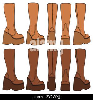 Set aus farbigen Plateaustiefeln im Retro-Look. Isolierte Vektorobjekte auf weißem Hintergrund. Stock Vektor
