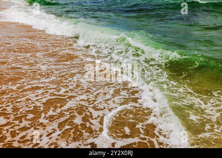 Nahaufnahme der Wellen des Atlantischen Ozeans, die auf den Sandstrand von Miami Beach Rollen. Stockfoto