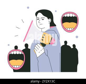 Protest. Demonstrationspersonen. Wütende weibliche Figur, die ein Megaphon hält. Proteste, Streik, Frauen marschieren, Parade oder Kundgebung. Illustration des flachen Vektors Stock Vektor