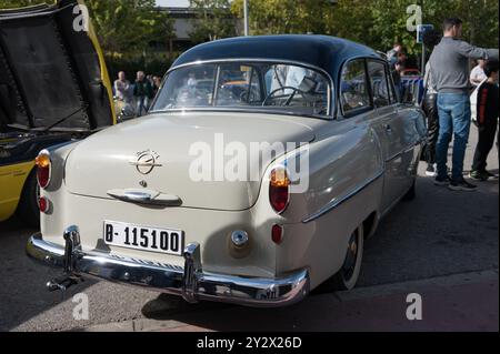 Rückansicht des klassischen Opel Olympia Rekord in cremefarbener oder cremefarbener Farbe Stockfoto