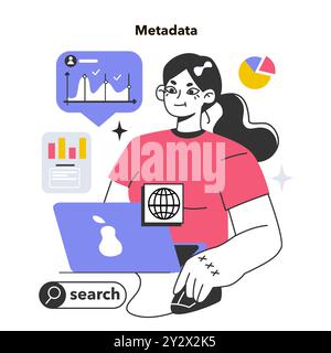 Metadaten. Zusätzliche beschreibende Informationen zu einer Datei, einem Inhalt oder einer Ressource. Tool zur Datenstrukturierung und -Verwaltung. Big-Data-Speichertechnologie. Illustration des flachen Vektors Stock Vektor