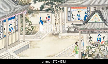 Szene aus dem Traum der Roten Kammer von Cao Xueqin (1710–1765) gemalt vom Künstler Sun Wen (1818–1904) aus der Qing-Dynastie mit traditionellen chinesischen Pinseln, um die zentralen Themen dieses klassischen Romans Liebe, Schicksal und soziale Hierarchie zu vermitteln. Stockfoto