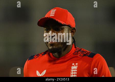 Southampton, Großbritannien. September 2024. Jofra Archer of England während des ersten Spiels der Vitality IT20 Series England gegen Australien im Utilita Bowl, Southampton, Großbritannien, 11. September 2024 (Foto: Craig Thomas/News Images) in Southampton, Großbritannien am 11. September 2024. (Foto: Craig Thomas/News Images/SIPA USA) Credit: SIPA USA/Alamy Live News Stockfoto