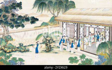 Szene aus dem Traum der Roten Kammer von Cao Xueqin (1710–1765) gemalt vom Künstler Sun Wen (1818–1904) aus der Qing-Dynastie mit traditionellen chinesischen Pinseln, um die zentralen Themen dieses klassischen Romans Liebe, Schicksal und soziale Hierarchie zu vermitteln. Stockfoto