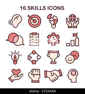 Soft-Skills-Symbole festgelegt. Wachstum beruflicher Kompetenzen. Einfache lineare Bilder für die persönliche Entwicklung. Selbsterziehung und Verbesserung. Illustration des flachen Vektors Stock Vektor