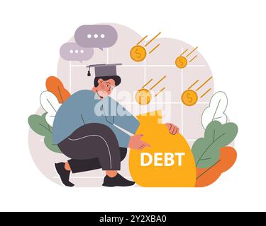 Studentenschulden. Junge Absolventen mit einer Finanzkrise. Finanzieller Bildungskredit. Zahlungsproblem nach Abschluss. Illustration des flachen Vektors Stock Vektor