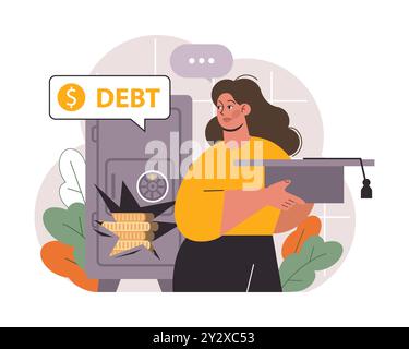 Studentenschulden. Junge Absolventen mit einer Finanzkrise. Finanzieller Bildungskredit. Zahlungsproblem nach Abschluss. Illustration des flachen Vektors Stock Vektor