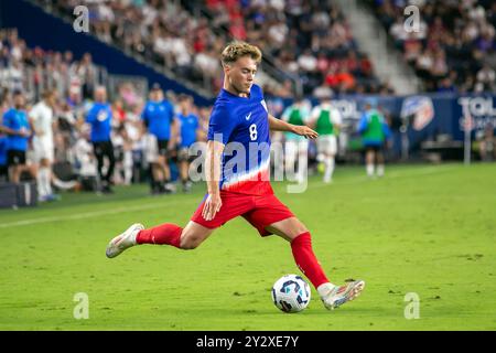 Cincinnati, Ohio, USA, 10. September 2024.USMNT Mittelfeldspieler Aidan Morris (8). Die USMNT spielt Neuseeland in einem internationalen Freundschaftsspiel im TQL Stadium in Cincinnati, Ohio. Quelle: Kindell Buchanan/Alamy Live News Stockfoto