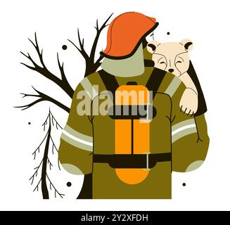 Wildbrand. Brennende Waldbäume, gefährliche und schädliche Naturkatastrophen. Feuerwehrmann in Schutzkleidung und Helm bei der Rettung eines verletzten Tieres. Feuerwehrmann hält ein Bärenbaby. Illustration des flachen Vektors Stock Vektor