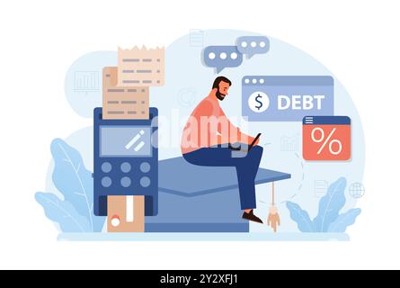 Studentenschulden. Junge Absolventen mit einer Finanzkrise. Finanzieller Bildungskredit. Zahlungsproblem nach Abschluss. Illustration des flachen Vektors Stock Vektor