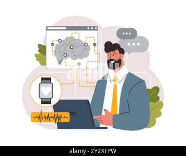 Healthtech. Innovative Diagnose- und Behandlungsmethoden. Telemedizin, Gesundheitsmonitoring, Laborforschung. Moderne Technologien zur Prävention und Behandlung von Krankheiten. Illustration des flachen Vektors Stock Vektor