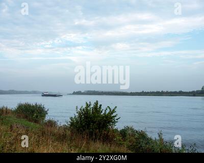 Binnenschiff auf dem Nordseekanal, der im Morgennebel in Richtung amsterdam segelt Stockfoto