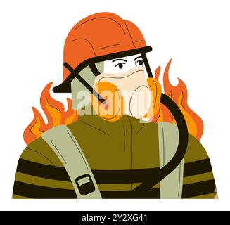 Wildbrand. Feuerwehrmann in Schutzkleidung und Helmlöschdienst. Tapferer Feuerwehrmann, Feuerwehr, Rettungsdienst. Illustration des flachen Vektors Stock Vektor