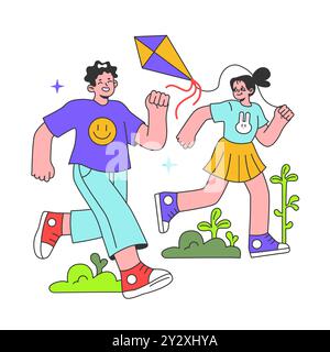 Sommerferien für Kinder. Aktive Freizeit im Freien für körperliche und geistige Gesundheit. Junge und Mädchen, die Spaß im Freien haben, auf dem Spielplatz mit einem Drachen zu spielen. Illustration des flachen Vektors Stock Vektor