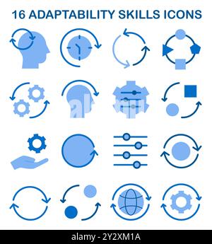Symbolsatz für Anpassungsfähigkeit. Schnelle Reaktion auf Änderungen und Leistungsanpassung und -Verbesserung. Entwicklung, Transformation, Anpassung der Einstellungen. Illustration des flachen Vektors Stock Vektor