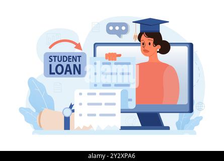 Studentenschulden. Junge Absolventen mit einer Finanzkrise. Finanzieller Bildungskredit. Zahlungsproblem nach Abschluss. Illustration des flachen Vektors Stock Vektor