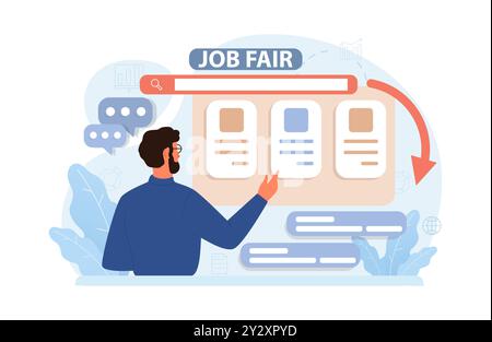 Online-Jobmesse. Online-Plattform für Einstellung oder Stellensuche. Personalvermittlungsagentur. Frau wählt einen Lebenslauf eines potenziellen Empfängers oder Arbeitgebers aus. Illustration des flachen Vektors Stock Vektor