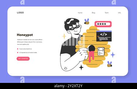 Webbanner oder Landing-Page für Honeypot. Computer-Sicherheitsmechanismus, der Versuche bei unbefugter Verwendung erkennt und entgegenwirkt. Die Köderei hat einen Hacker blockiert. Illustration des flachen Vektors Stock Vektor