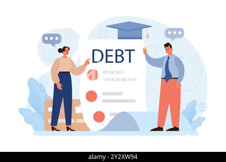 Studentenschulden. Junge Absolventen mit einer Finanzkrise. Finanzieller Bildungskredit. Zahlungsproblem nach Abschluss. Illustration des flachen Vektors Stock Vektor