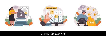 Studentenverbindlichkeiten festgelegt. Junge Absolventen mit einer Finanzkrise. Finanzieller Bildungskredit. Zahlungsproblem nach Abschluss. Illustration des flachen Vektors Stock Vektor