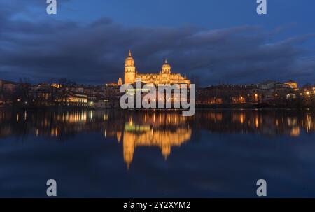 Nächtlicher Blick auf die Kathedrale von Salamanca mit Blick auf den Fluss Tormes in Spanien. Stockfoto