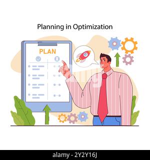 Optimierung von Geschäftsprozessen. Produktiver Mitarbeiter mit effizienter Arbeitsmethode und Planungskompetenz. Optimierung, Entwicklung und Wachstum des Unternehmensflusses. Illustration des flachen Vektors Stock Vektor