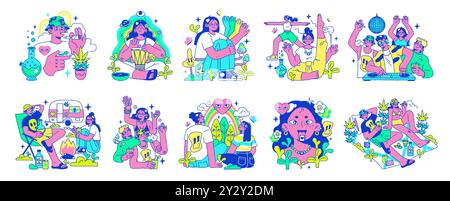 Psychedelic Trip Party Set. Rave Camp. Charaktere trinken Alkohol, nehmen Drogen, Pilze und rauchen Gras auf dem Festivalcamping. Illustration des flachen Vektors Stock Vektor