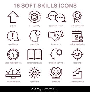 Soft-Skills-Symbole festgelegt. Wachstum beruflicher Kompetenzen. Einfache lineare Bilder für die persönliche Entwicklung. Selbsterziehung und Verbesserung. Illustration des flachen Vektors Stock Vektor