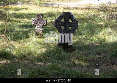 Zwei alte Steinkreuze auf einem grasbewachsenen Friedhof, umgeben von hohen Gras und Bäumen. Das Sonnenlicht wirft sanfte Schatten und schafft eine ruhige Atmosphäre. Stockfoto