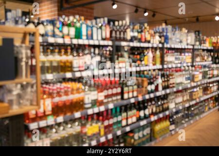 Abstrakte Unschärfe-Regale im Supermarkt. Lebensmittelgeschäft im Innenraum mit defokussiertem Hintergrund, breites Warenangebot, lebhafter Supermarkt, Einkaufsumgebung Stockfoto