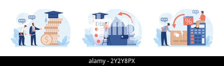 Studentenverbindlichkeiten festgelegt. Junge Absolventen mit einer Finanzkrise. Finanzieller Bildungskredit. Zahlungsproblem nach Abschluss. Illustration des flachen Vektors Stock Vektor