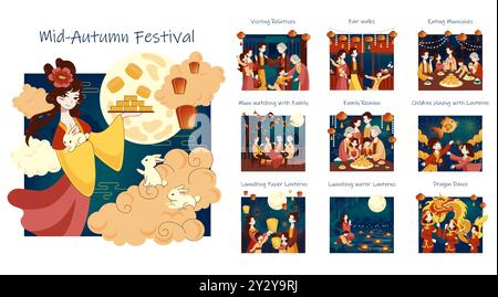 Traditionelles chinesisches Festset. Herbstfest, Mondfest oder Mondkuchenfest. Glückliche asiatische Familie feiert nationale Herbstferien. Illustration des flachen Vektors Stock Vektor
