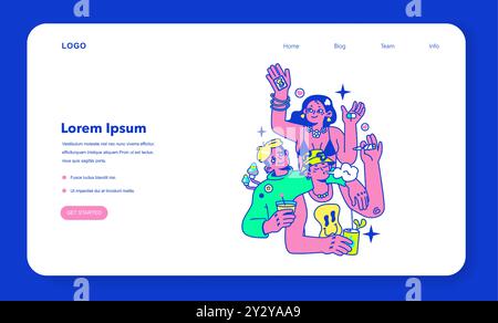 Webbanner oder Landing-Page für psychedelische Reisepartys. Rave Camp. Charaktere tanzen und rauchen Gras auf dem Festivalcamping. Cannabist selbstgerollte Zigarette oder Joint. Illustration des flachen Vektors Stock Vektor