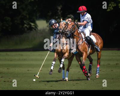 Polospieler kämpfen um den Ball Stockfoto