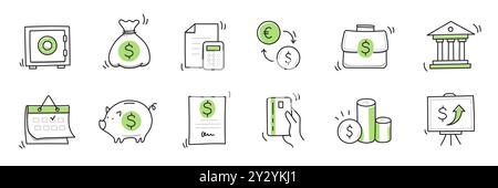 Money Finance Doodle Hand gezeichnetes Symbol Set. Finanzgeschäft, Geld, Bankskizze gezeichnet süße trendige Doodle-Ikone. Business Bank Sketch Rechner, erhöhen Sie die wirtschaftlichen Ziele Elemente. Vektorabbildung Stock Vektor