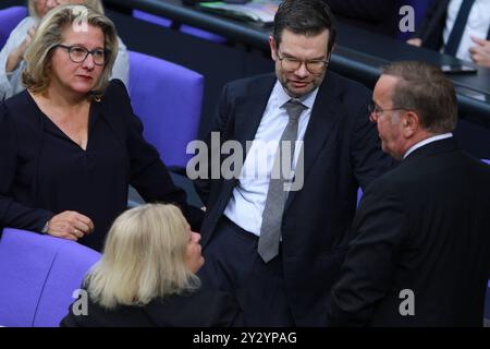 Berlin, Deutschland, 11.09.2024: Deutscher Bundestag: 184. Bundestagssitzung - Haushaltswoche: L-R: Bundesministerin für wirtschaftliche Zusammenarbeit und Entwicklung Svenja Schulze SPD, Bundesministerin des Innern und für Heimat Nancy Faeser SPD, Bundesminister der Justiz Marco Buschmann FDP, Bundesminister der Verteidigung Boris Pistorius SPD *** Berlin, Deutschland, 11 09 2024 Deutscher Bundestag 184 Bundestagssitzung Haushaltswoche L R Bundesminister für wirtschaftliche Zusammenarbeit und Entwicklung Svenja Schulze SPD , Bundesminister für Inneres und Inneres und Inneres SPD Stockfoto