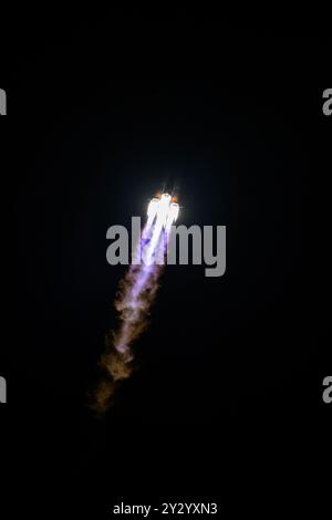 Baikonur, Kasachstan. September 2024. Die Sojus-Rakete startet am Mittwoch, den 11. September, mit Mitgliedern der Expedition 72 zur Internationalen Raumstation: NASA-Astronaut Don Pettit, Roscosmos-Kosmonauten Alexey Ovchinin und Ivan Vagner an Bord. 2024 im Kosmodrom Baikonur in Kasachstan. NASA Foto von Bill Ingalls/UPI Credit: UPI/Alamy Live News Stockfoto