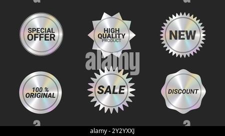 Holografische Aufkleber Logos Emblem Etiketten Farbset. Zur Verpackung von Werbematerial. Aufkleber für Kleidung oder Accessoires. Vektorabbildung. Stock Vektor